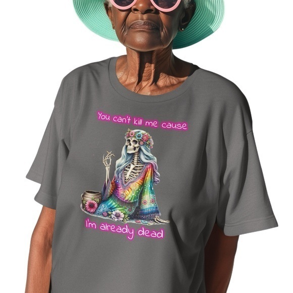The Blind Medium Tops - The Blind Medium | Grey Tee Colorful Hippie Skeleton Design Flower Crown